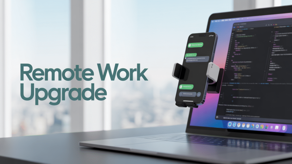 Temu phone mount attached to a laptop, demonstrating budget creator tools for remote work productivity.