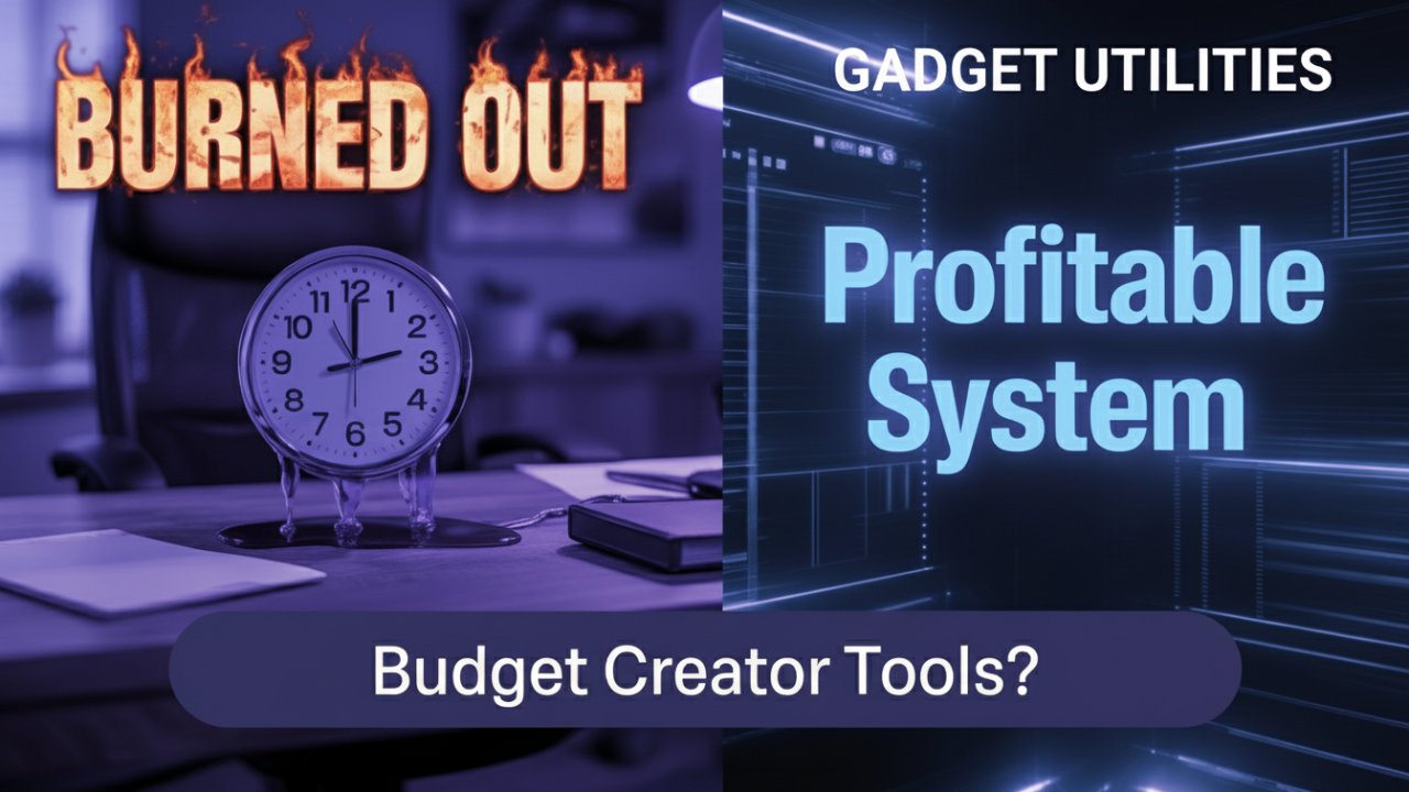 Creator productivity system thumbnail showing a burning clock labeled BURNED OUT next to a green PROFITABLE SYSTEM graph.
