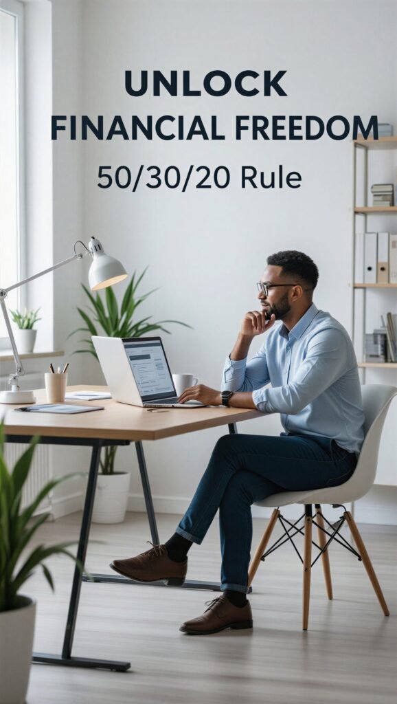 Featured Image: Man optimizing finances with the text "Unlock Financial Freedom: The 50/30/20 Budgeting Rule."