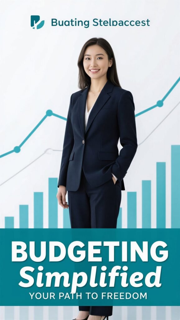 Professional woman graphic for "Budgeting Simplified" guide, reinforcing the 50/30/20 Budgeting Rule.
